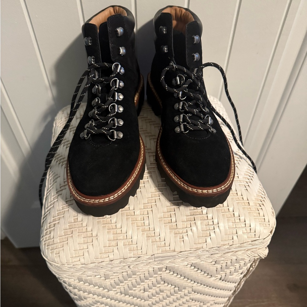 Black Leather Suede Lace-Up Boots